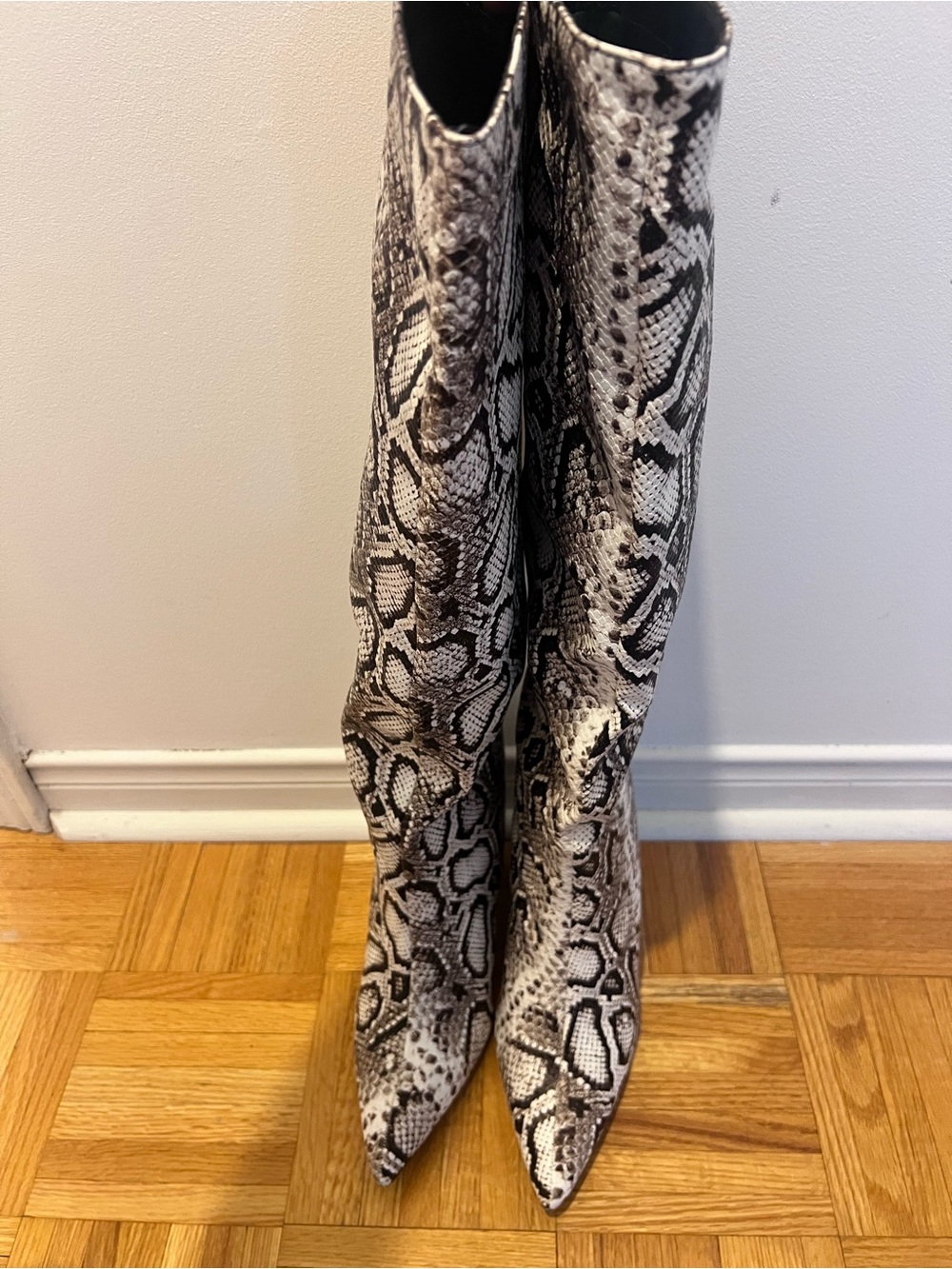 Snake-Print Knee-High Boots - Black & White